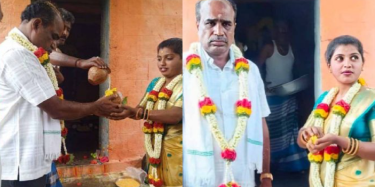 viral marriage photo 25-year-old-woman-marryied-45-year-old-man-tumakuru