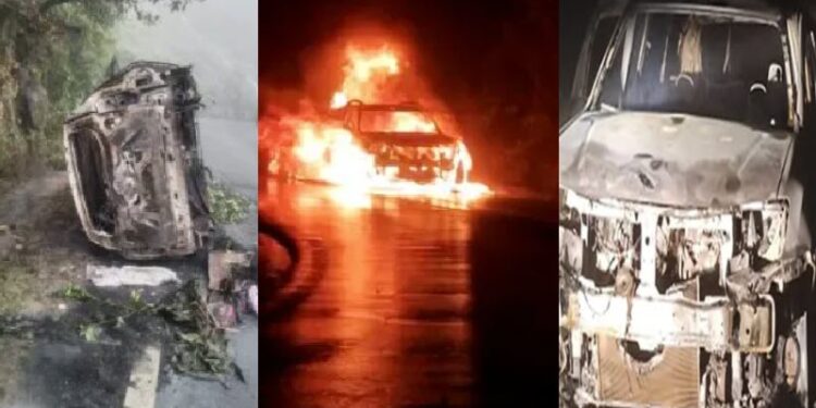 nissan terrano fire-on-car-in-charmadi-ghat car-caught-fire-at-charmadi-ghat-chikkamagaluru