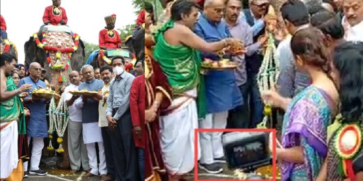 umesh-katti-wearing-a-shoe-at-mysore-on-dasara gaja pade